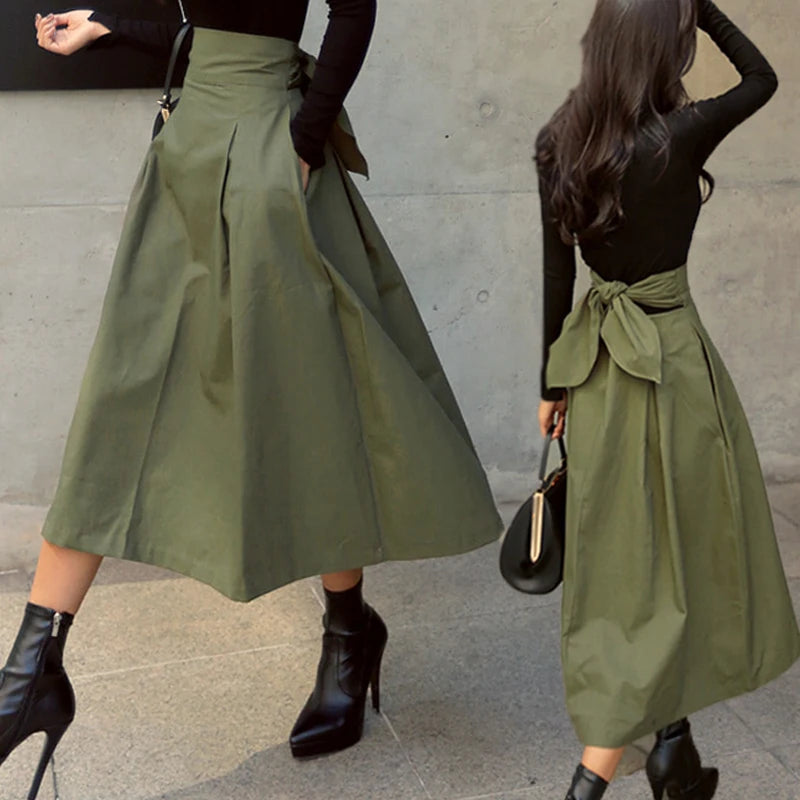 Skirts Womens Korean Fashion Solid Color Big Swing Ladies Skirt Long Skirt 2026 Autumn Wild High Waist Bow Slim Skirts
