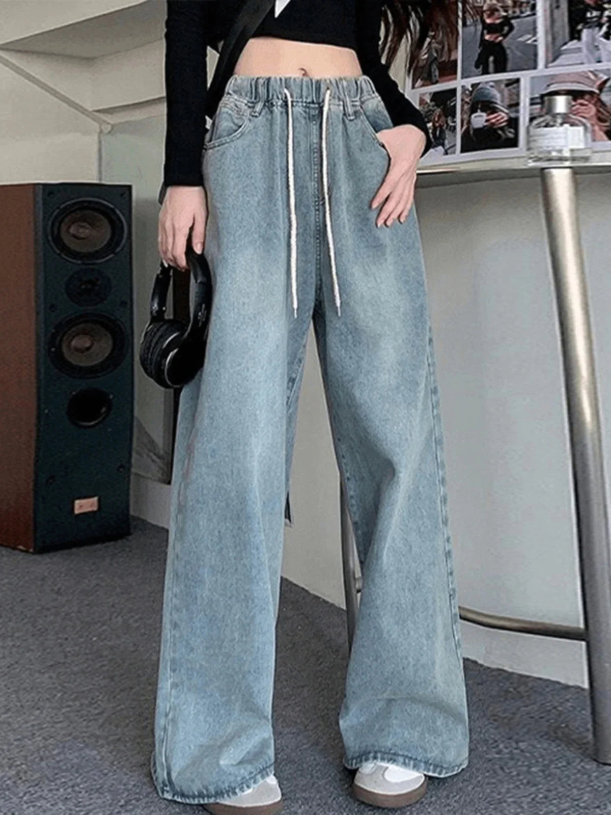 Botvotee Elastic Waist High Waist Wide Leg Jeans for Women Loose Straight Blue Long Denim Pants Female Fashion Streetwear Jeans