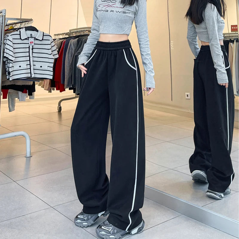 2025 Fashion Stripe Wide Leg Sweatpants For Women Autumn Winter Elastic Waist Straight Trousers Loose Slim All Match Casual Pant