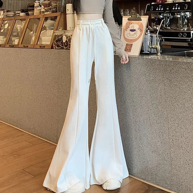 Girls Designer High Waist Flared Pants Lady Korean Slim Fit Casual Trousers Women Chic Drawstring Straight Leg Pants