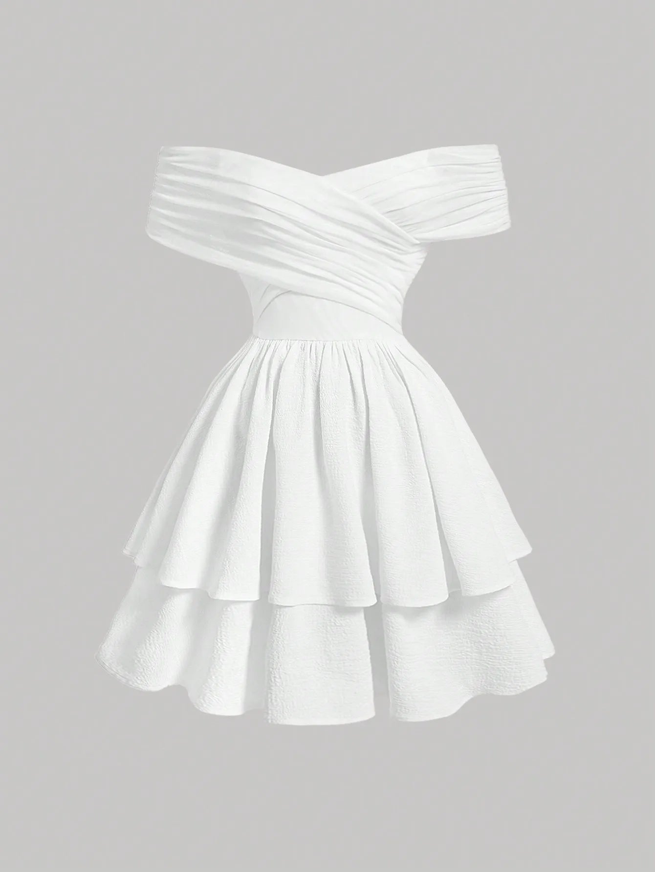 Fashionable white off-shoulder cross-front mini dress, elegant casual party and date dress