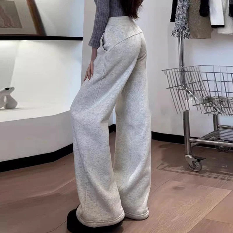 Autumn Winter Women Trendy High Waist Casual Sports Velvet Thick Wide Leg Pants Female Solid Loose Pockets Sweatpants Pantalones
