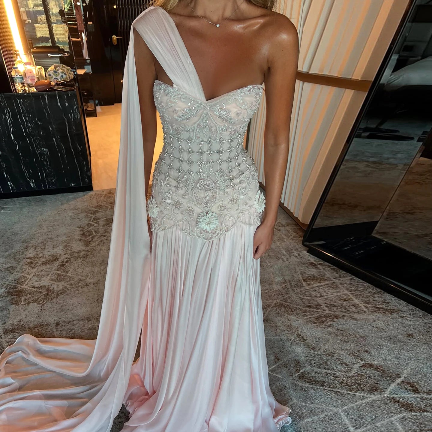 Sharon Said Elegant One Shoulder A Line Evening Dress with Cape 3D Flowers Crystal Beaded Formal Party Gowns SS285 Customized