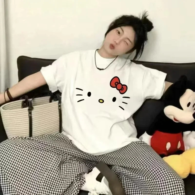 Hello Kitty Cartoon 2026 Simple Loose Cute Round Neck Casual Trend Summer Cotton Short Sleeved T-shirt Fashion Y2K Top T-shirt