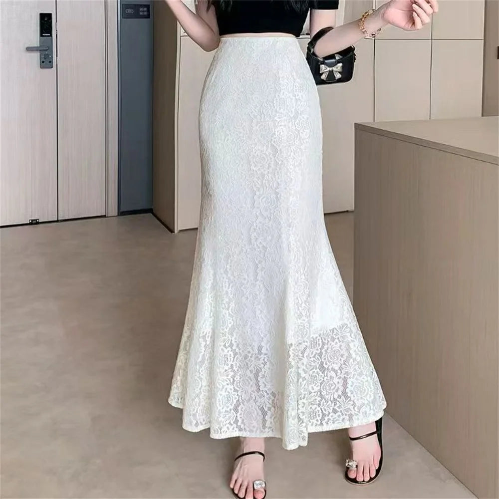 Lace Fishtail Women's Skirt 2026 Spring Summer New Female Mid-Length A-Line Pleated Package Hips Skirt Office Ladies One Step