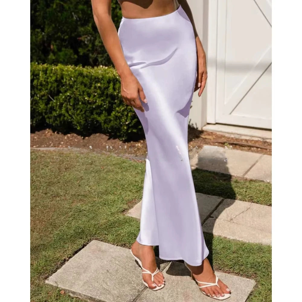 2026 Elegant Faux Silk Satin Skirts for Women High Waist A-line Office Lady  Solid Color Glossy Finish Fishtail Skirt