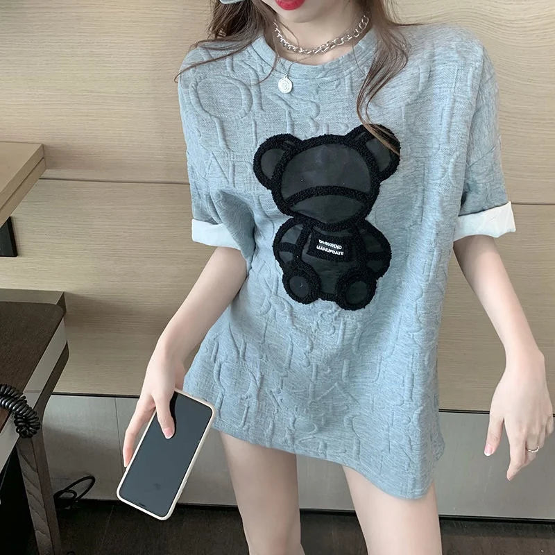 Summer Cotton Short Sleeve T Shirts Women Casual Cartoon Bear Loose T-shirt O-neck Basic Crop Tops High Streetwear Fashion Tees