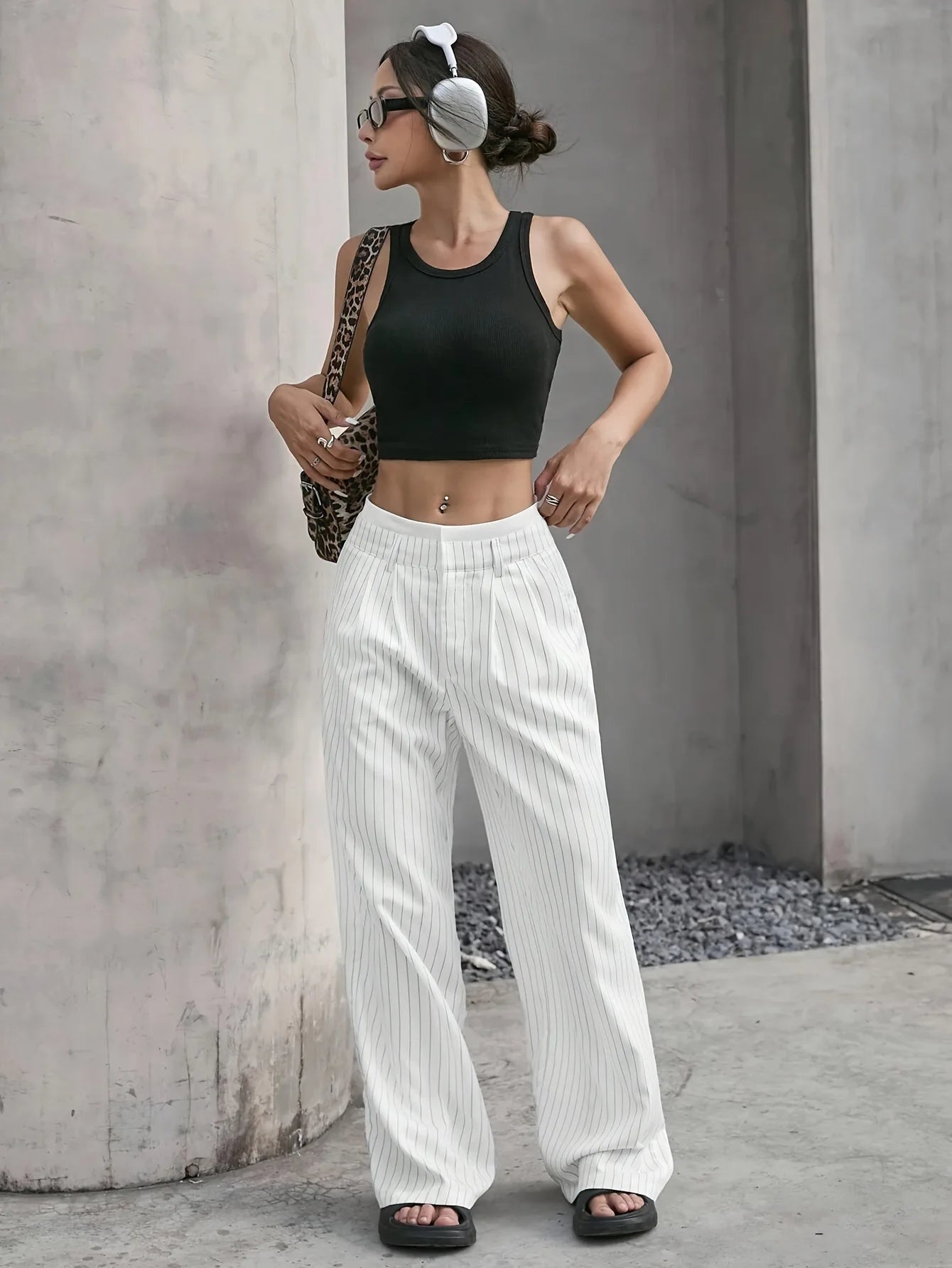 Women Stripes Printed Full Length Pants 2025 Spring Autumn High Waist Fashion Casual Y2k Pant Loose Wide Leg Streetwear Trousers