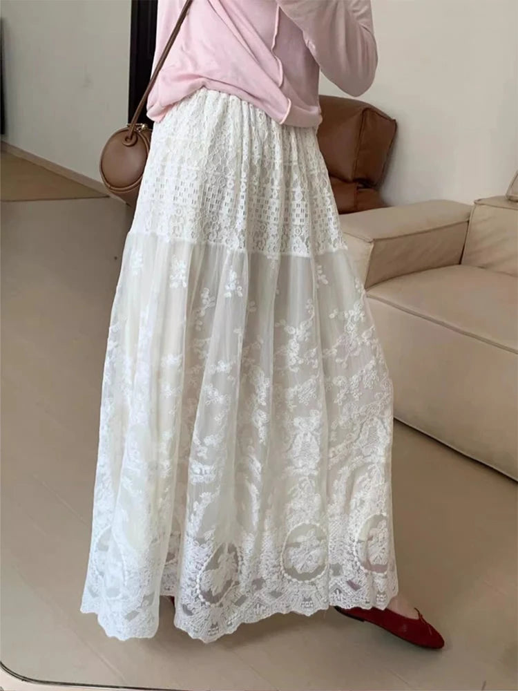 French White Lace Long Skirt Women High Waisted A-line Skirt Bohemia 2026 Spring Summer Clothes
