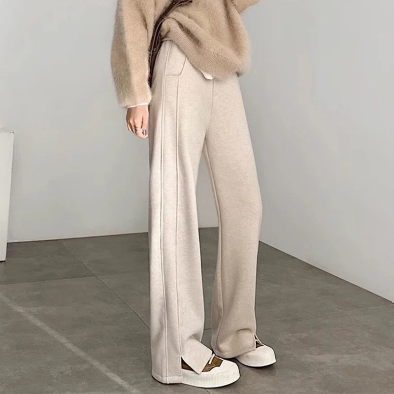American Retro Straight Sweatpant Women Side Split High Waist Sport Pants Autumn Winter Thicken Solid Ribbed Wide Leg Trousers