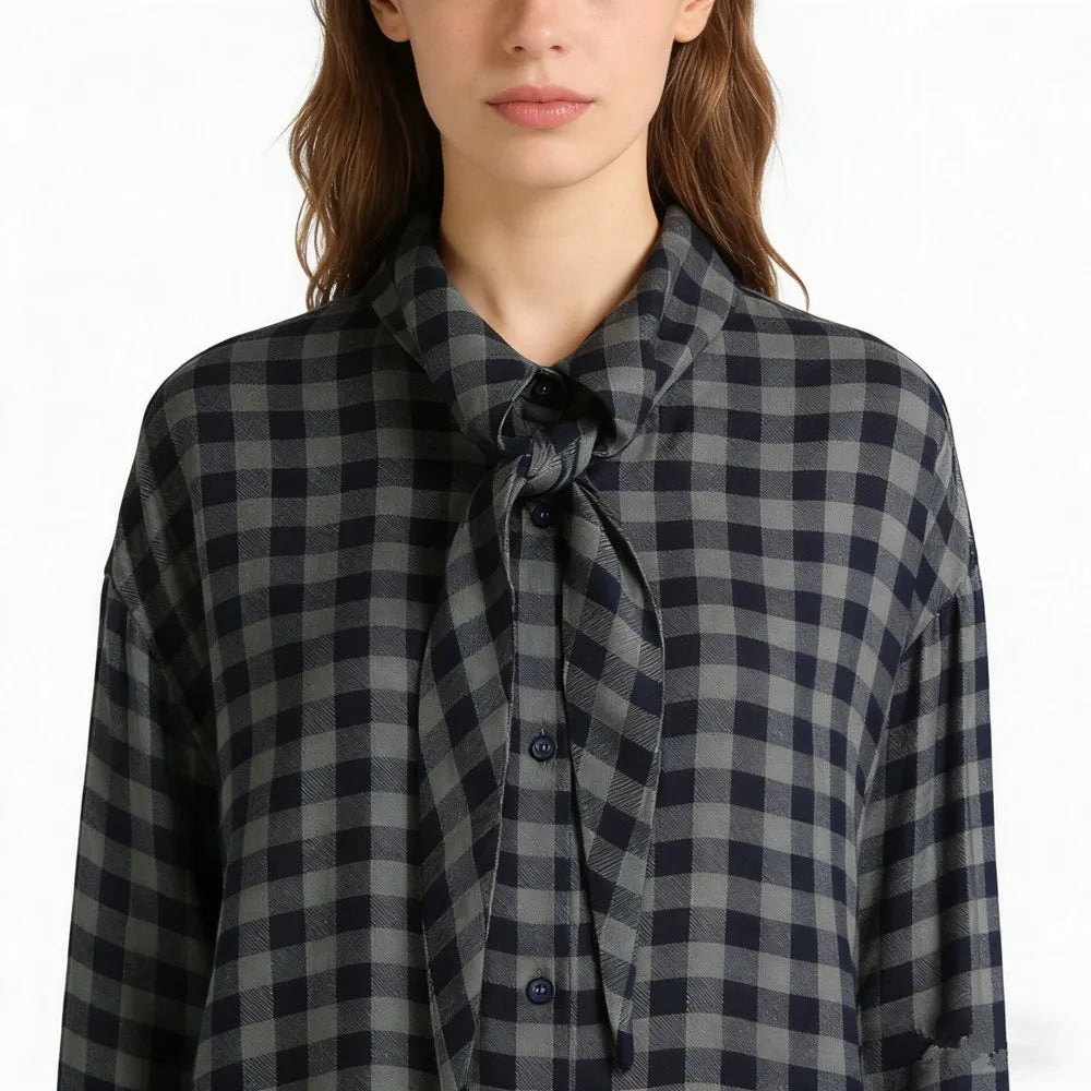 Plaid Shirts Women Loose Tie Bow Single Breasted Long Sleeve Lazy Shirt Women 2026 Spring New Boyfriend Style Streetwears Tops