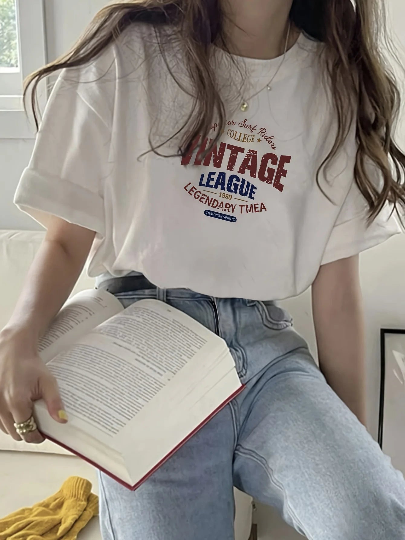 Vintage League Letter Print Womens T-Shirts Summer Fashion Cotton Tops Comfortable O-Neck Short Sleeve Soft Oversize Clothes