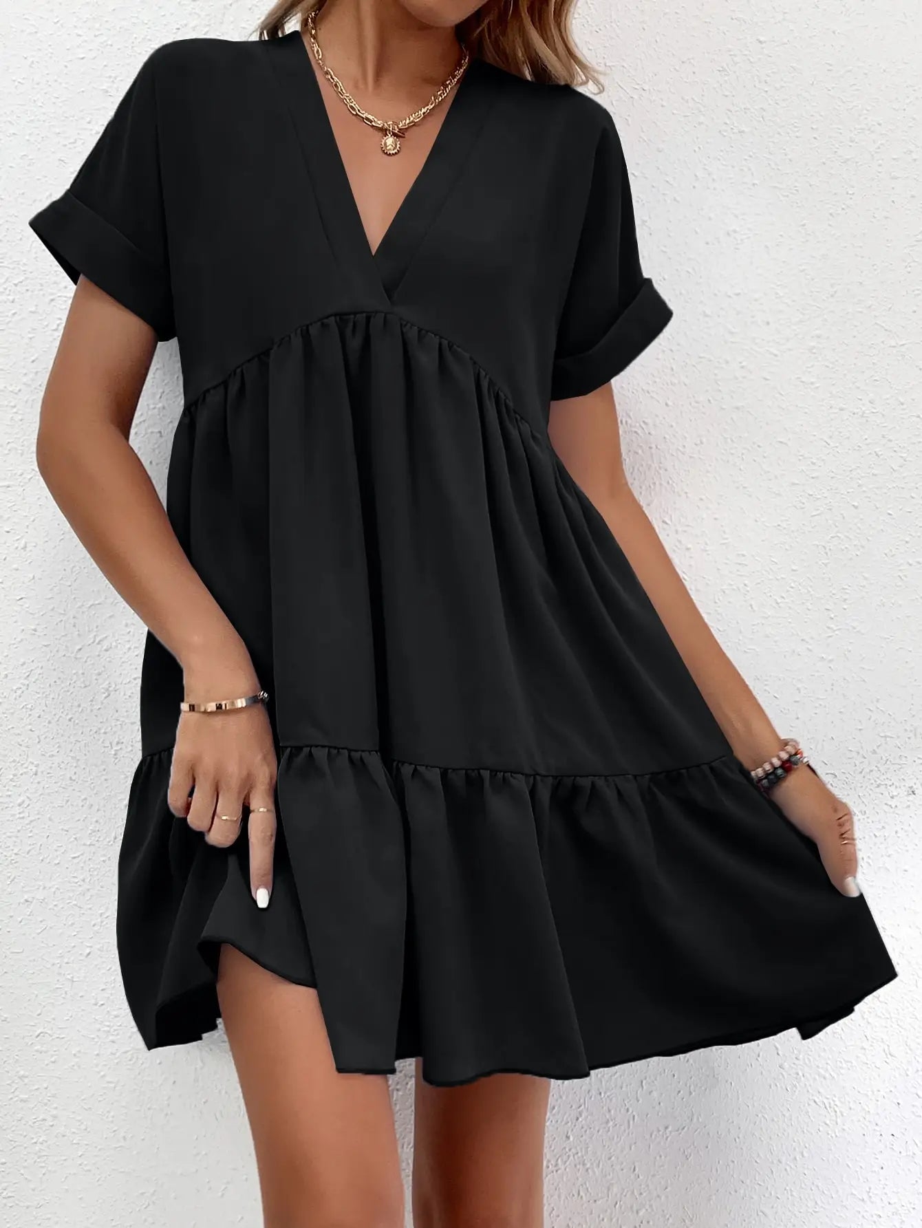 Fashionable women's black V-neck dress, satin fabric, rolled short sleeves, multi-layer ruffled hem, casual everyday wear